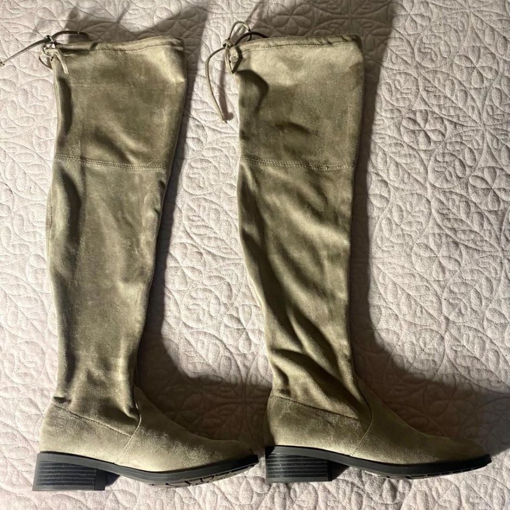 Unisa Woman's Faux Suede Beige Pull On Over the Knee Boots with Tie
